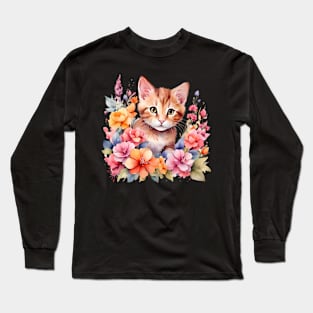 A cat decorated with beautiful watercolor flowers Long Sleeve T-Shirt